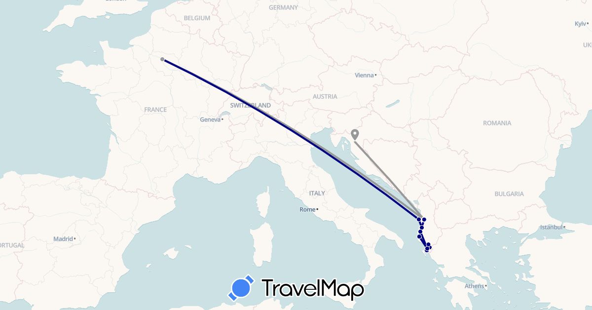 TravelMap itinerary: driving, plane in Albania, France, Croatia (Europe)